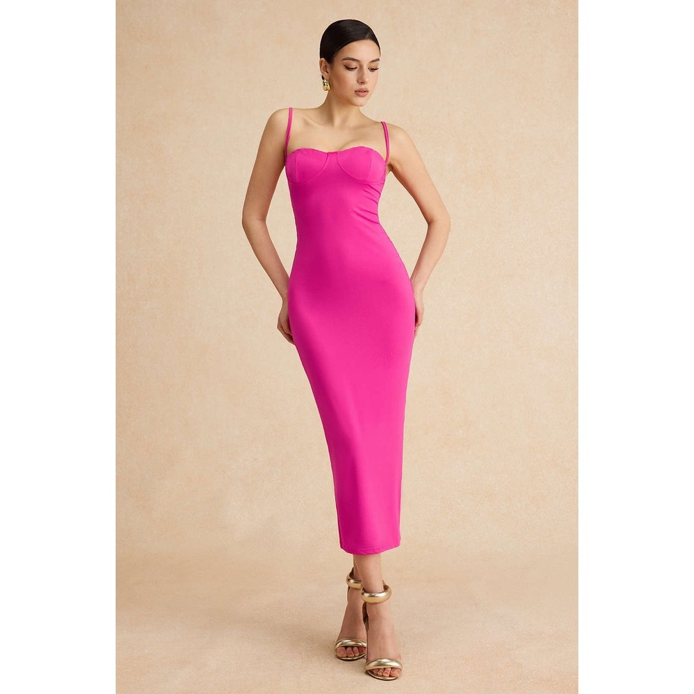 Micas Bodycon Midi Dress Hot Pink Sleeveless Party Cocktail Clubwear Dress‎ S
